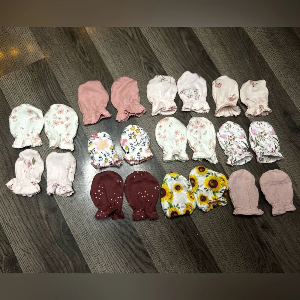 11 Pairs Carter's Pink and Floral Baby Mittens